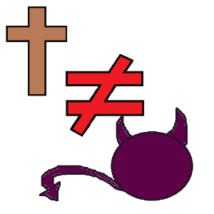  A brown cross and a purple circle with horns and a pointed tail, representing a demon, with a does not equal sign between them.